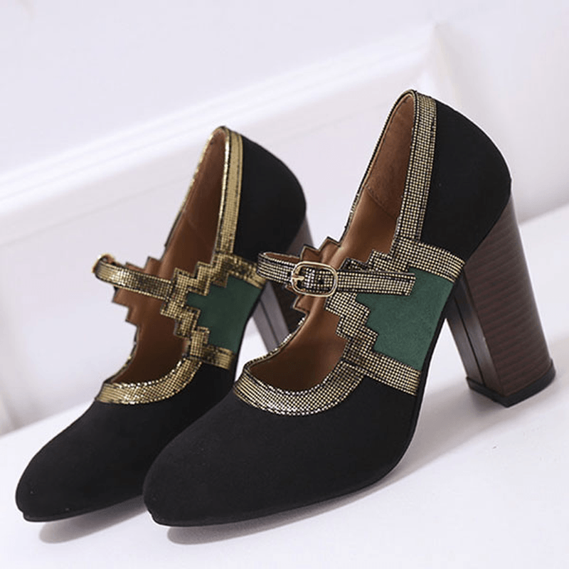 Women plus Size Stitching Chunky Heel Pumps