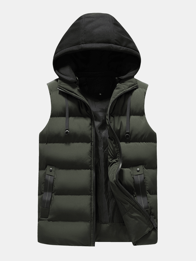 Mens Zipper Side Pocket Windproof Removable Hooded Warm Sleeveless down Jacket Vest - MRSLM