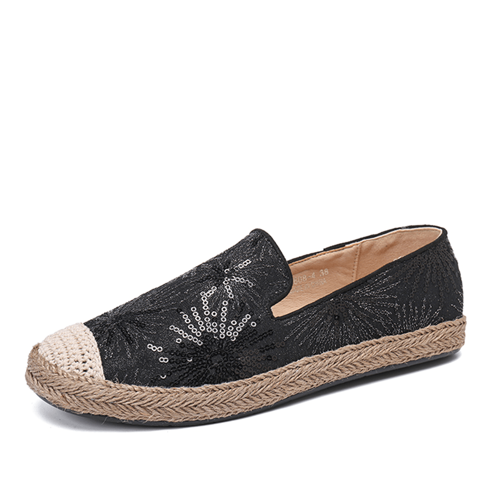 Women Casual Sequined Flowers Pattern Espadrille Flats Loafers - MRSLM