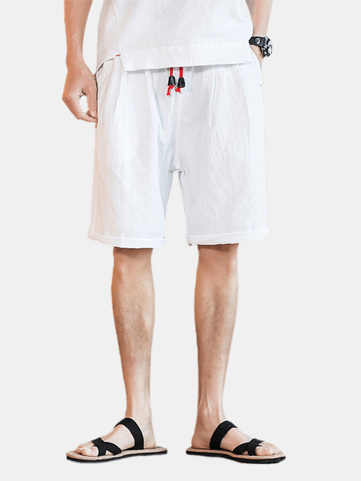 Mens Solid Color Elastic Waist Drawstring Casual Shorts