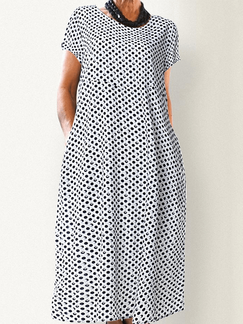 Crewneck Polka Dot Print Short Sleeve Midi Dress