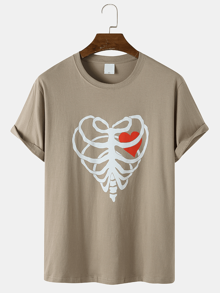 Mens Casual Heart-Shaped Skeleton Cotton Hem Cuff T-Shirt