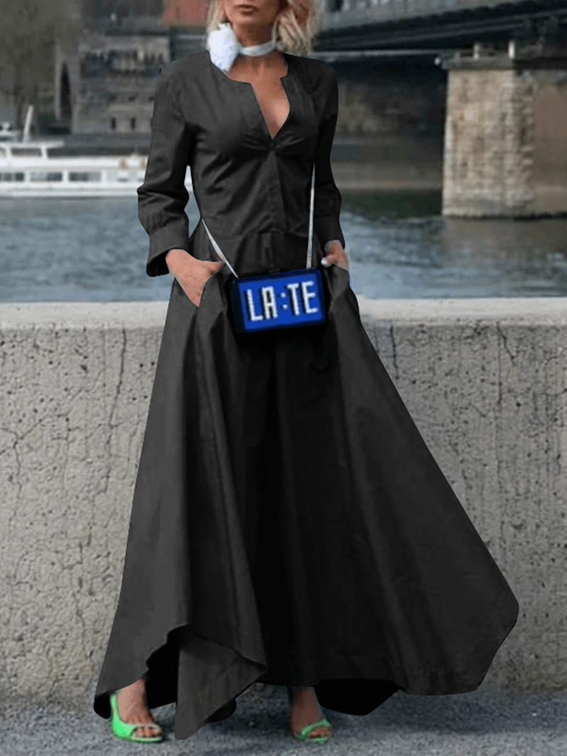 Solid Color V-Neck Back Zipper Long Sleeve Pleating Maxi Shirt Dress