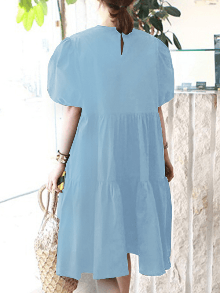 Women Solid Color Tiered round Neck Stitching Casual Short Sleeve Midi Dresses