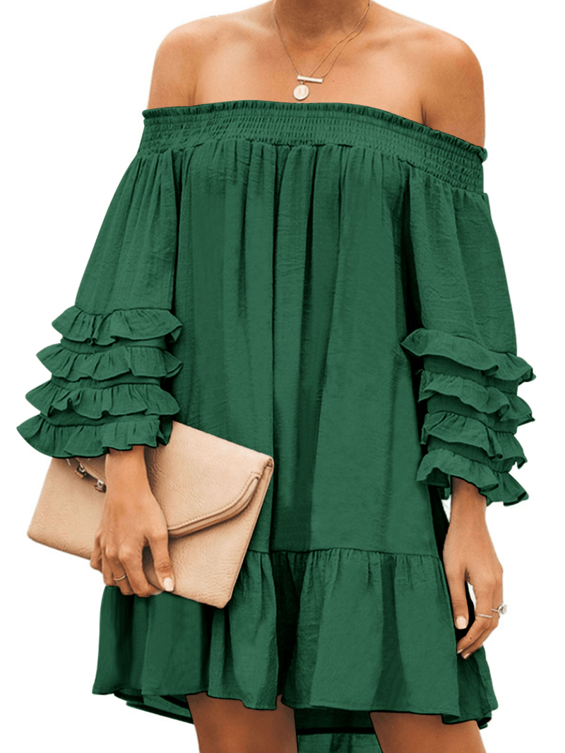 Off Shoulder Pleats Solid Casual Mini Dresses for Women