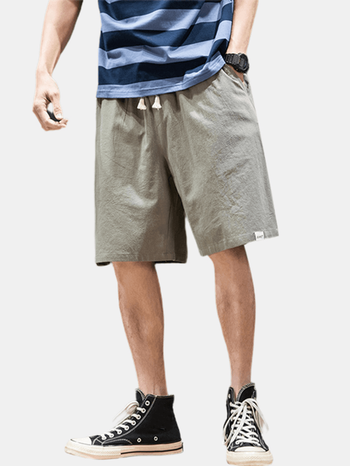 Mens Casual Flax Breathable Drawstring Solid Color Shorts