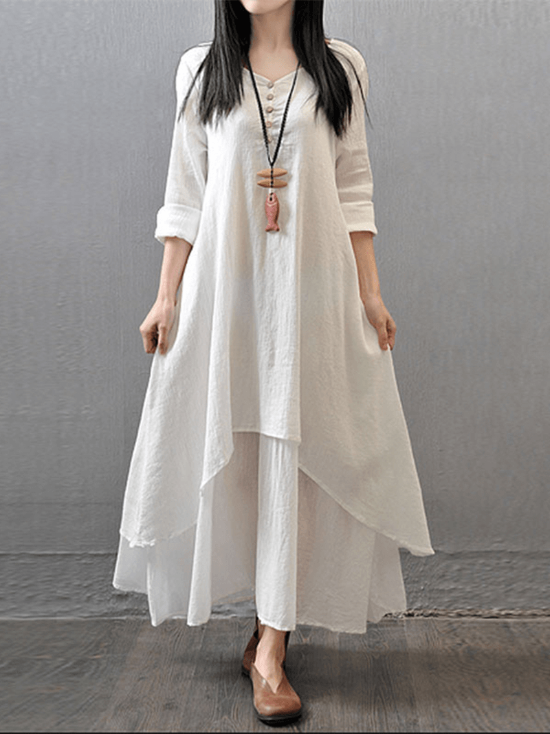 Women Long Sleeve Double Layers Button Asymmetric Vintage Maxi Dress - MRSLM