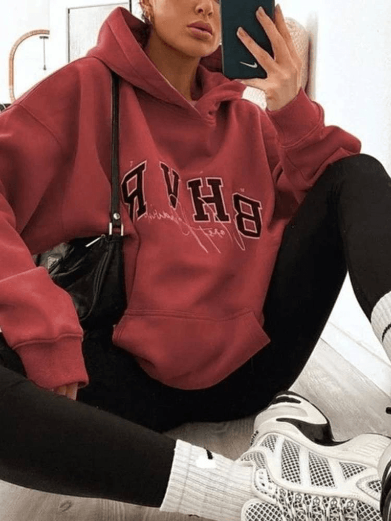 Women Letter Printing Velvets Kangaroo Pocket Cross-Border Warm Long-Sleeved Hooded Sweater