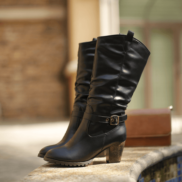 Women Large Size Buckle Belt Decor Mid Calf Chunky Heel Riding Boots