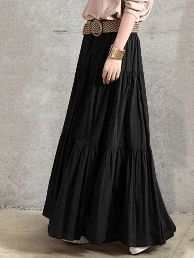 Solid Color Big Swing Elastic Waist Pleated Casual Long Skirt for Women