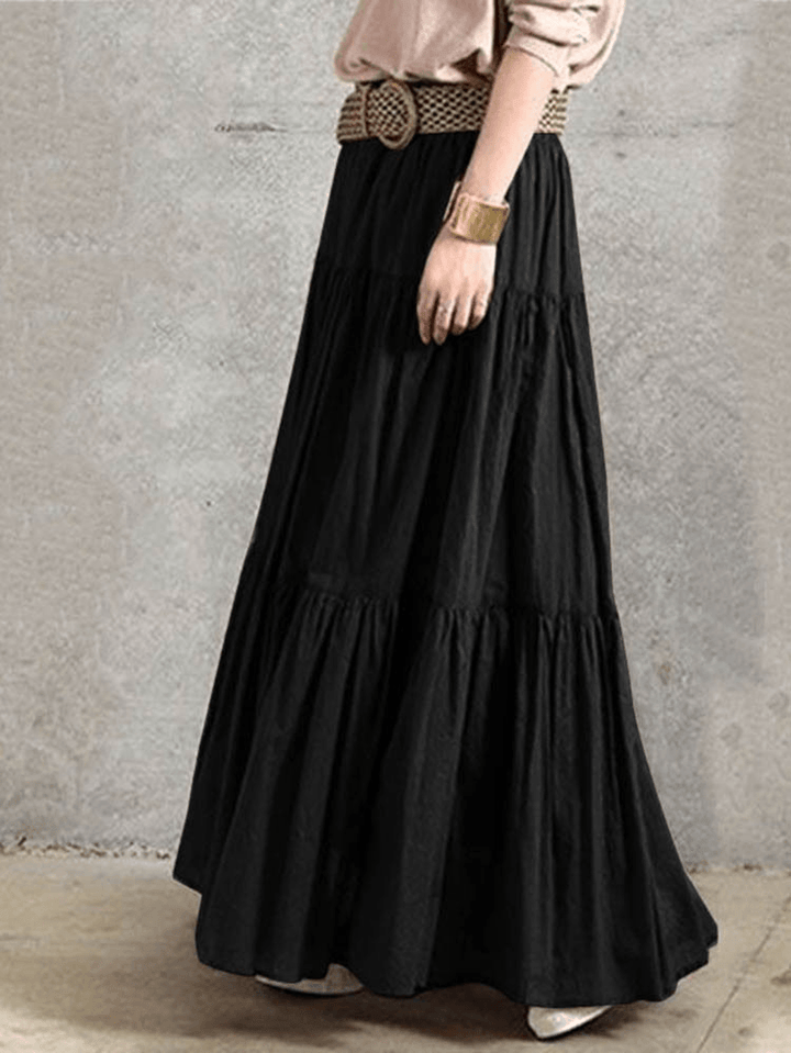 Solid Color Big Swing Elastic Waist Pleated Casual Long Skirt for Women