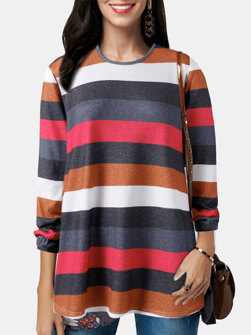 Women Colorful Horizontal Stripe round Neck Casual Long Sleeve Blouses