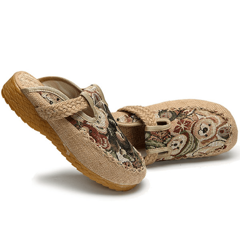 Women Flats Cartoon Flax Outdoor Embroidery Slipper