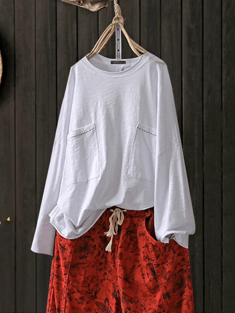 Women Crew Neck Pockets Blouse Casaul Loose Shirt