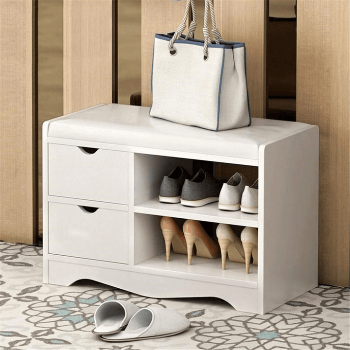 2 Layers Shoe Rack Shoes Bench Storage Cabinet Shoe Organizer Multifunctional Wooden Seat Stool with 2 Drawers