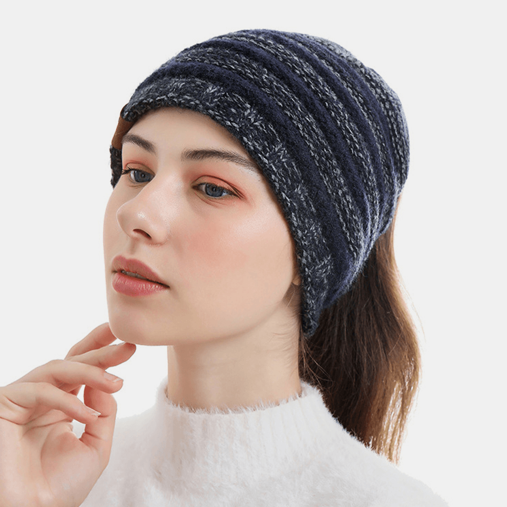 Unisex Wool Stripe Pattern Keep Warm Empty Top Ear Protection Knitted Hat