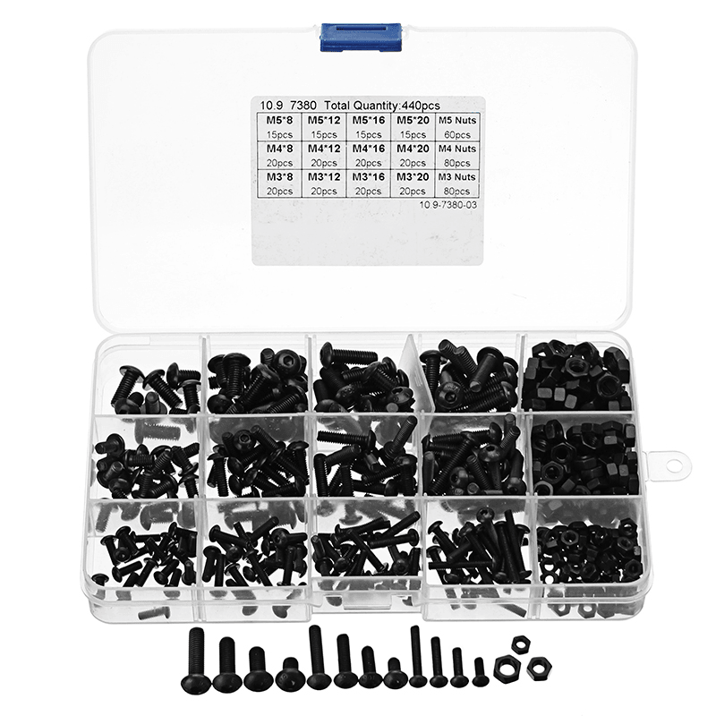 Suleve‚Ñ¢ MXCH3 440Pcs M3/M4/M5 Carbon Steel Screw Hex Socket Button Head Bolt Nut Assortment Kit