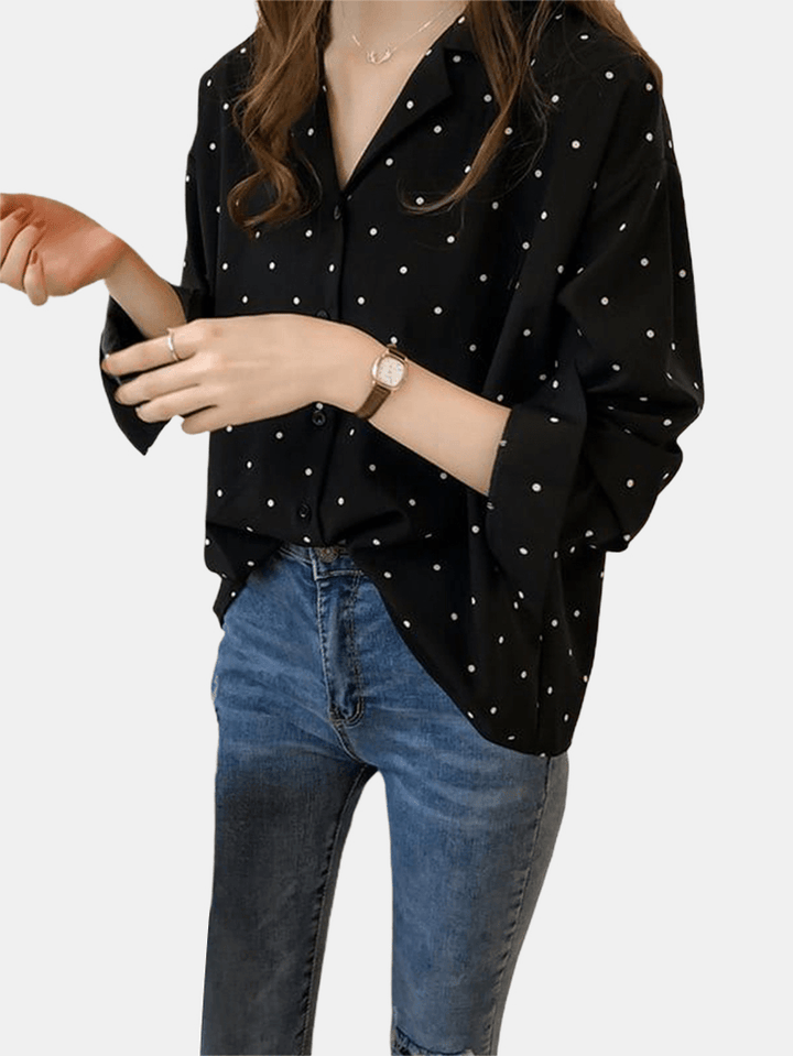 Polka Dot Print V-Neck Long Sleeve Casual Blouse