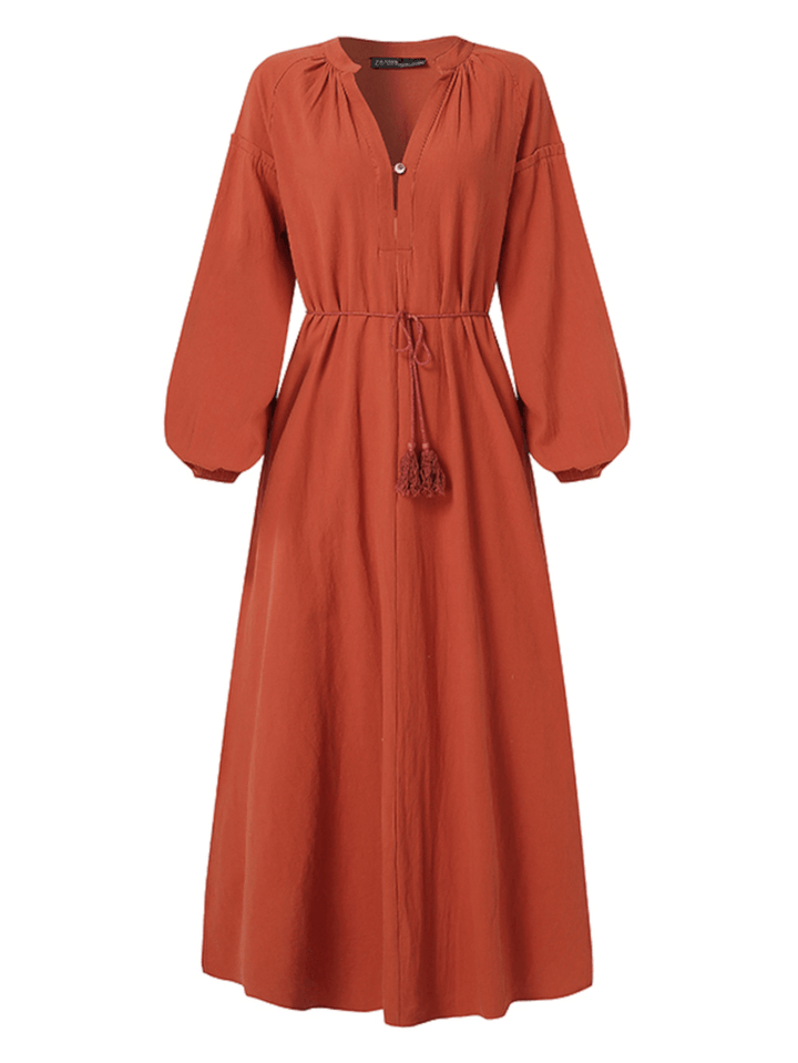 Solid Color O-Neck Puff Sleeves Lace up Split Hem Button Belted Casual Maxi Dress