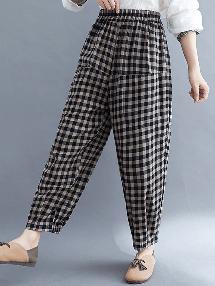 Women Vintage Plaid Wide-Legged Elastic High Waist Side Pocket Ankle Length Harem Pants