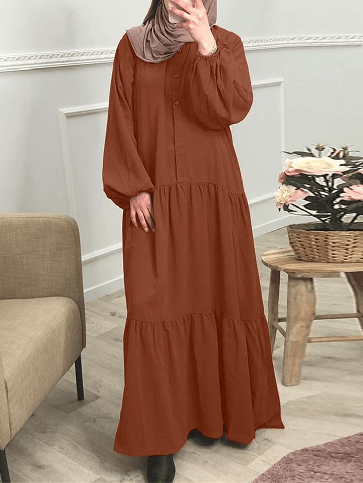 Women Solid Color Button down Front Puff Sleeve Kaftan Robe Maxi Dress