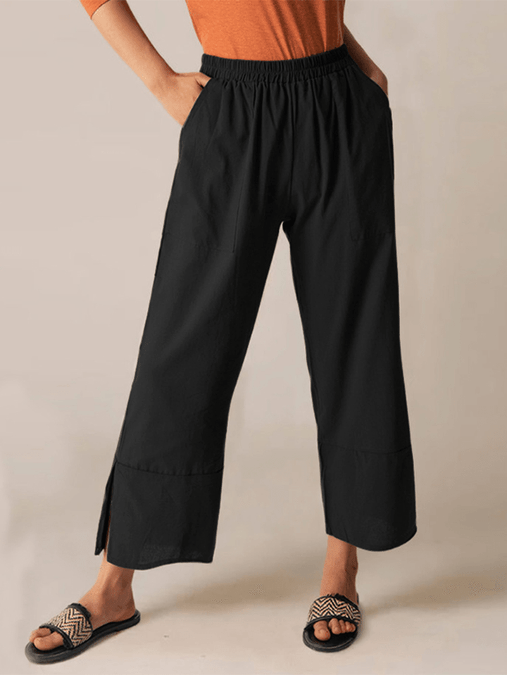 Casual Fork Elastic Waist Ninth Fork Solid Loose Fit Pants for Women - MRSLM