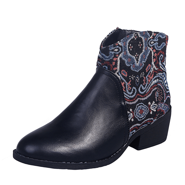 LOSTISY Retro Flower Cloth Stitching Comfy Wearable Side Zipper Block Heel Ankle Boots