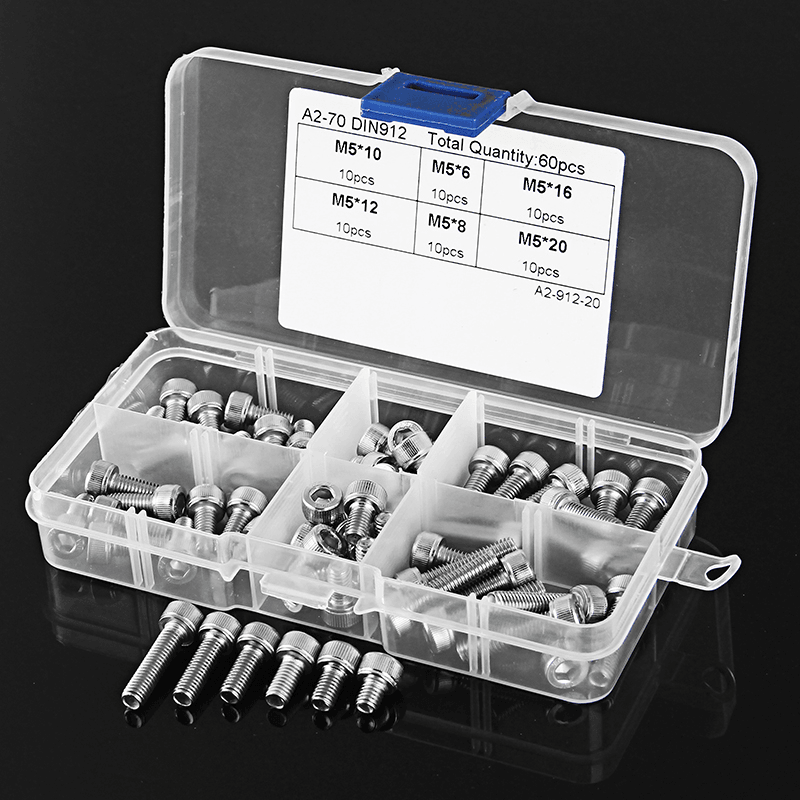 Suleve‚Ñ¢ M5SH1 60Pcs M5 Stainless Steel 6-20Mm Hex Socket Cap Head Screw Allen Bolt Assortment Kit