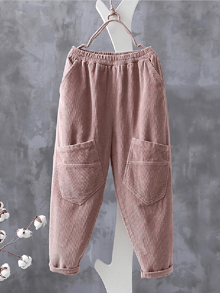 Women Corduroy Cargo Style Elastic Waist Pants with Multi Pocket