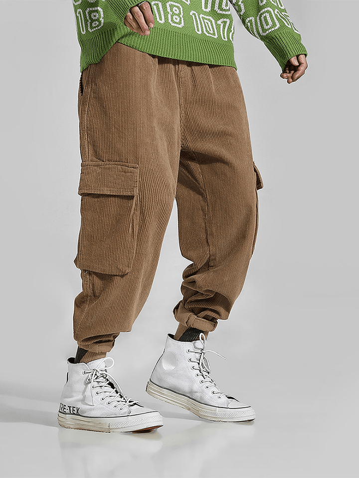 Mens Retro Corduroy Multi Pockets Thick Loose Fit Pants