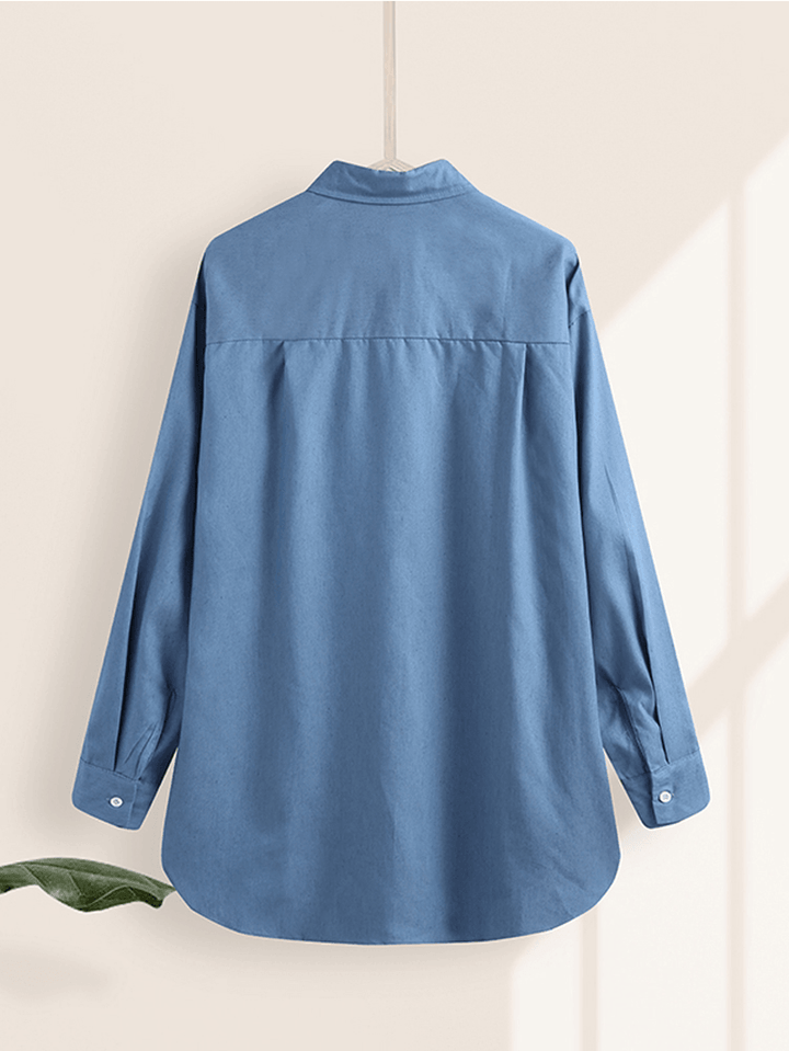 Women's Solid Color Denim Shirt with Irregular Hem and Chest Pocket