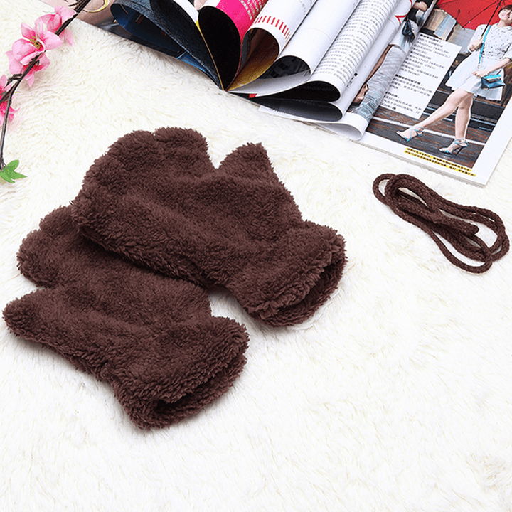 Women Girls Fluffy Plush Bear Cat Paw Fingerless Gloves Paw Glove Winter Warm Mittens