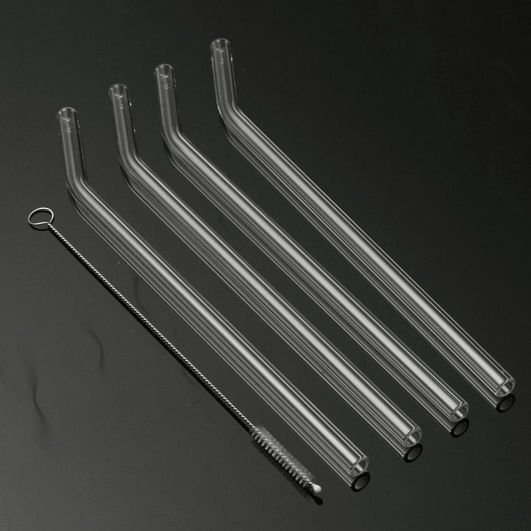 4Pcs 5Mm Reusable Clear Bent Glass Drinking Straws Water Juice Straws with Cleaning Brush