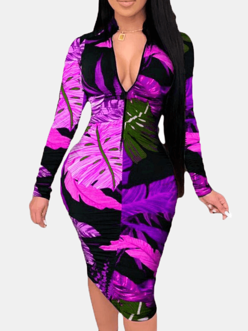 Women Plant Leaves Print Long Sleeve Zipper Elegant Midi Dress - MRSLM