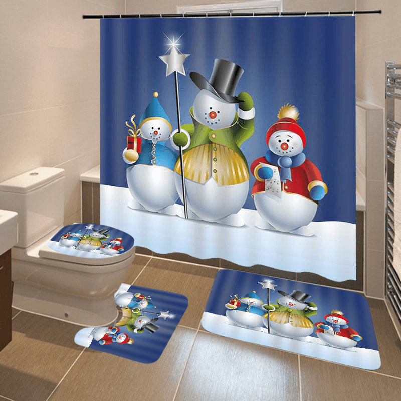 Bathroom Christmas Snowman Shower Curtain & 3PCS Mat Set Toilet Cover 180*180CM