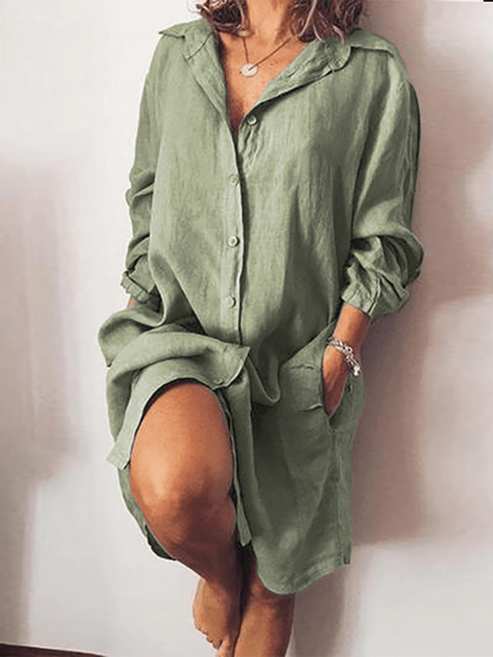 Women Loose Casual Long Sleeve V-Neck Button Pocket Shirt Dress