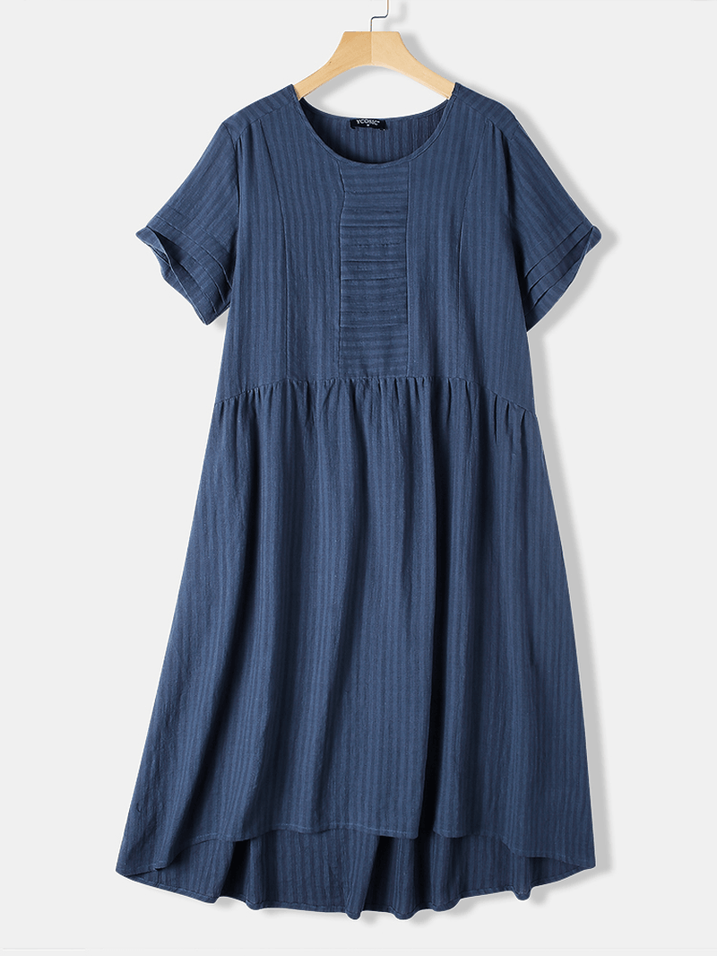 Casual Striped Irregular O-Neck Short Sleeve Pleated Dress