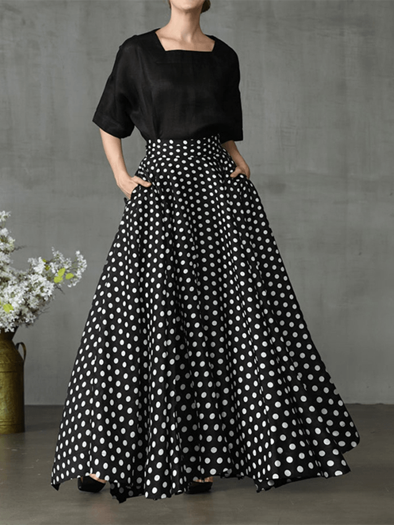 Women Polka Dot Print Loose Big Swing Side Pockets Casual Long Skirt