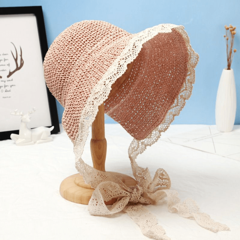 Women Lace Brim Foldable Sunscreen Bucket Straw Hat - MRSLM