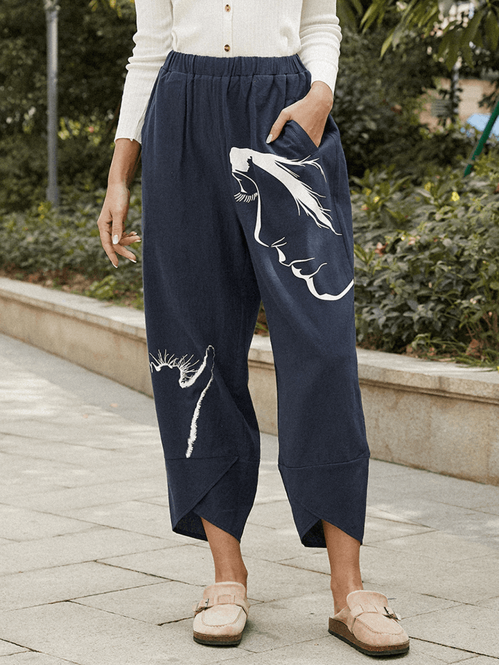 Women Cute Cat Figure Print Elastic Waist Casual Harem Pants with Pockets