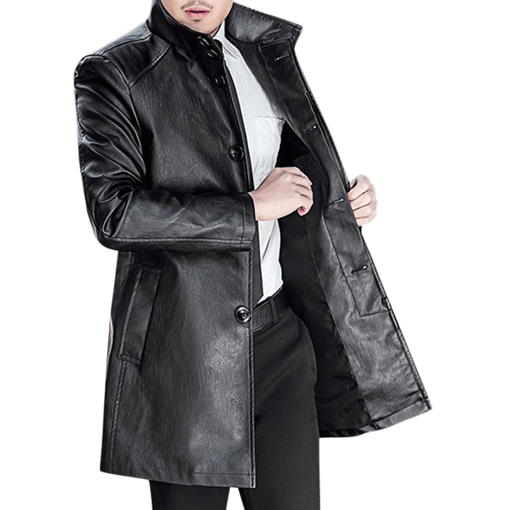 Men'S Mid-Long Casual Business Thicken Warm Stand Collar Jacket