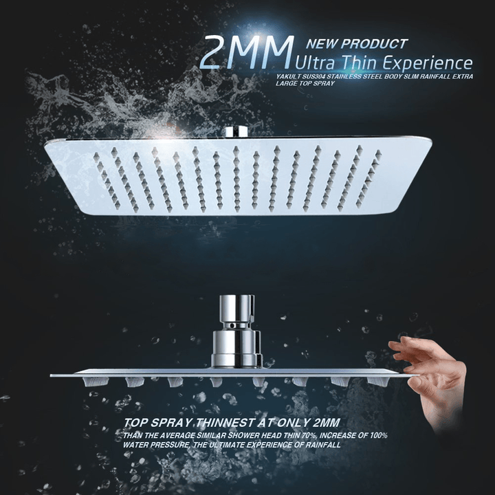 12 Inch 2Mm Thin Pressurized Rotatable Rainfall Shower Head Square Stainless Steel Top Spray Head