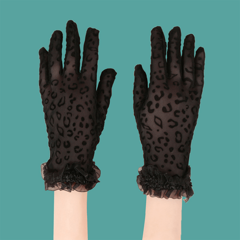 Women Polyester Cotton Lace Leopard Pattern Sunshade Breathable Short Full Finger Gloves