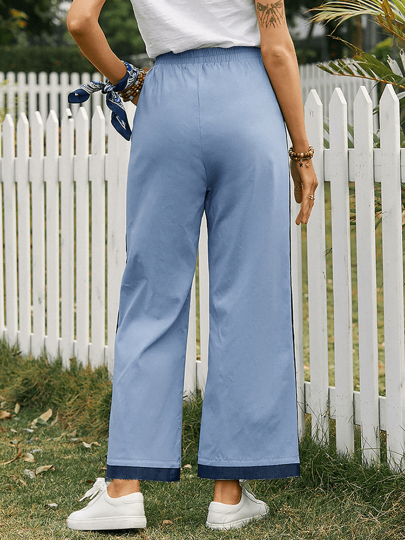 Women Patchwork Elastic Waist Casual Wide Leg Pants with Pocket