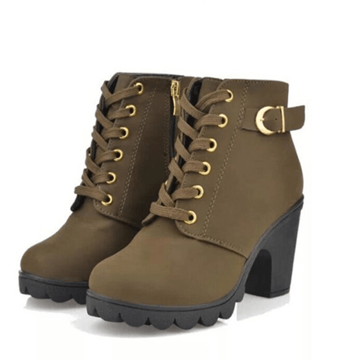 Women Girl High Top Heel Ankle Boots Winter Pumps Lace up Buckle Suede Shoes