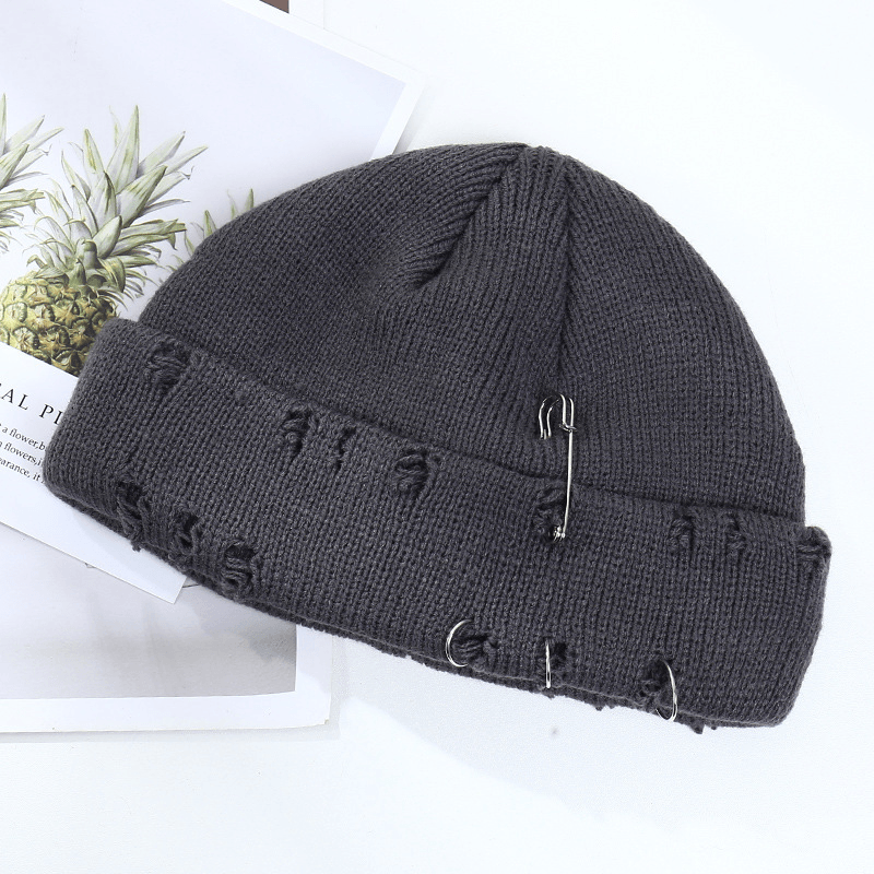 Trendy Ring Pin Hip Hop Woolen Hat for Men and Women Knitted