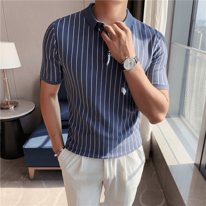 Lapel Tight-Fitting Striped Stretch Short-Sleeved T-Shirt