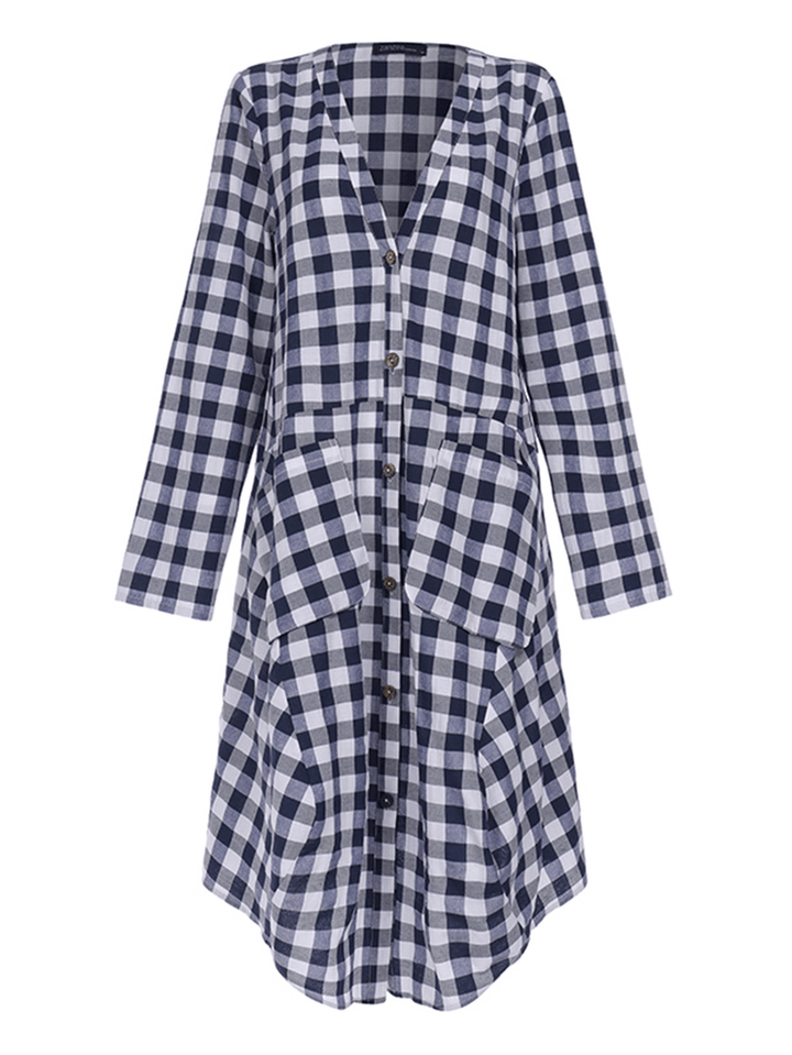 Women Casual Loose Plaid Long Sleeve Button Pockets Dress