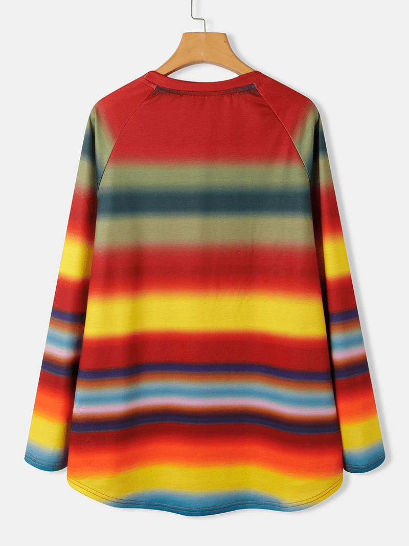 Women Multi Color Ombre Striped O-Neck Raglan Sleeve Casual Sweatshirts