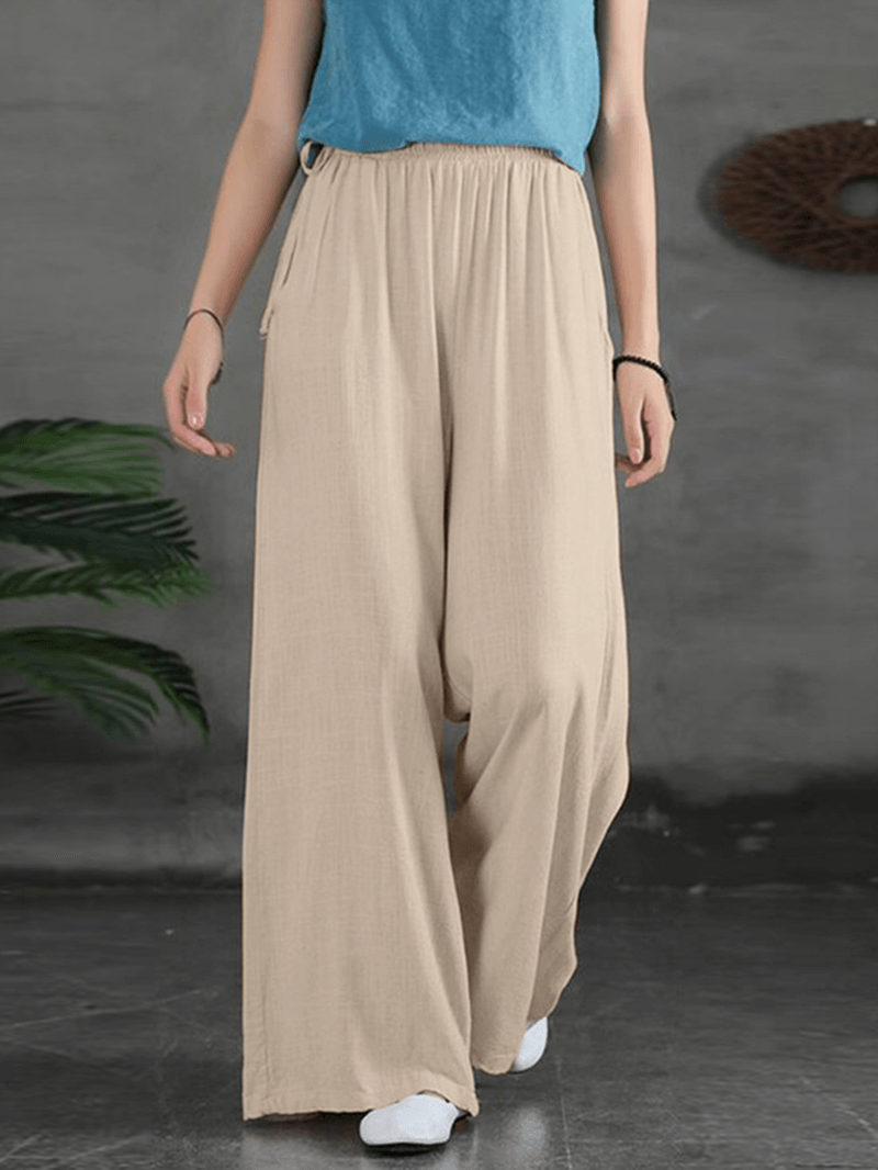 Women Casual Solid Color Side Drawstring Loose Wide Leg Pants with Pockets - MRSLM